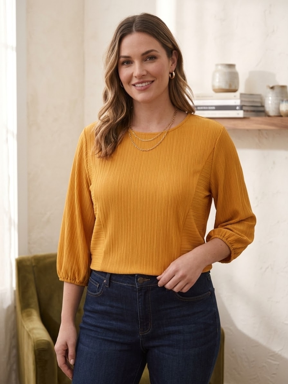 Adrienne Vittadini Mustard Yellow Plisse Ribbed Top L NWT 3/4 Puff Sleeve